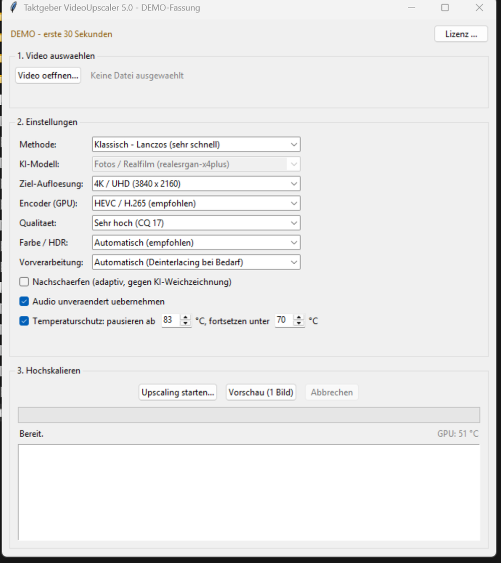 Klarschliff VideoUpscaler: Methode, KI-Modell, Zielauflösung, Encoder und Temperaturschutz einstellen.